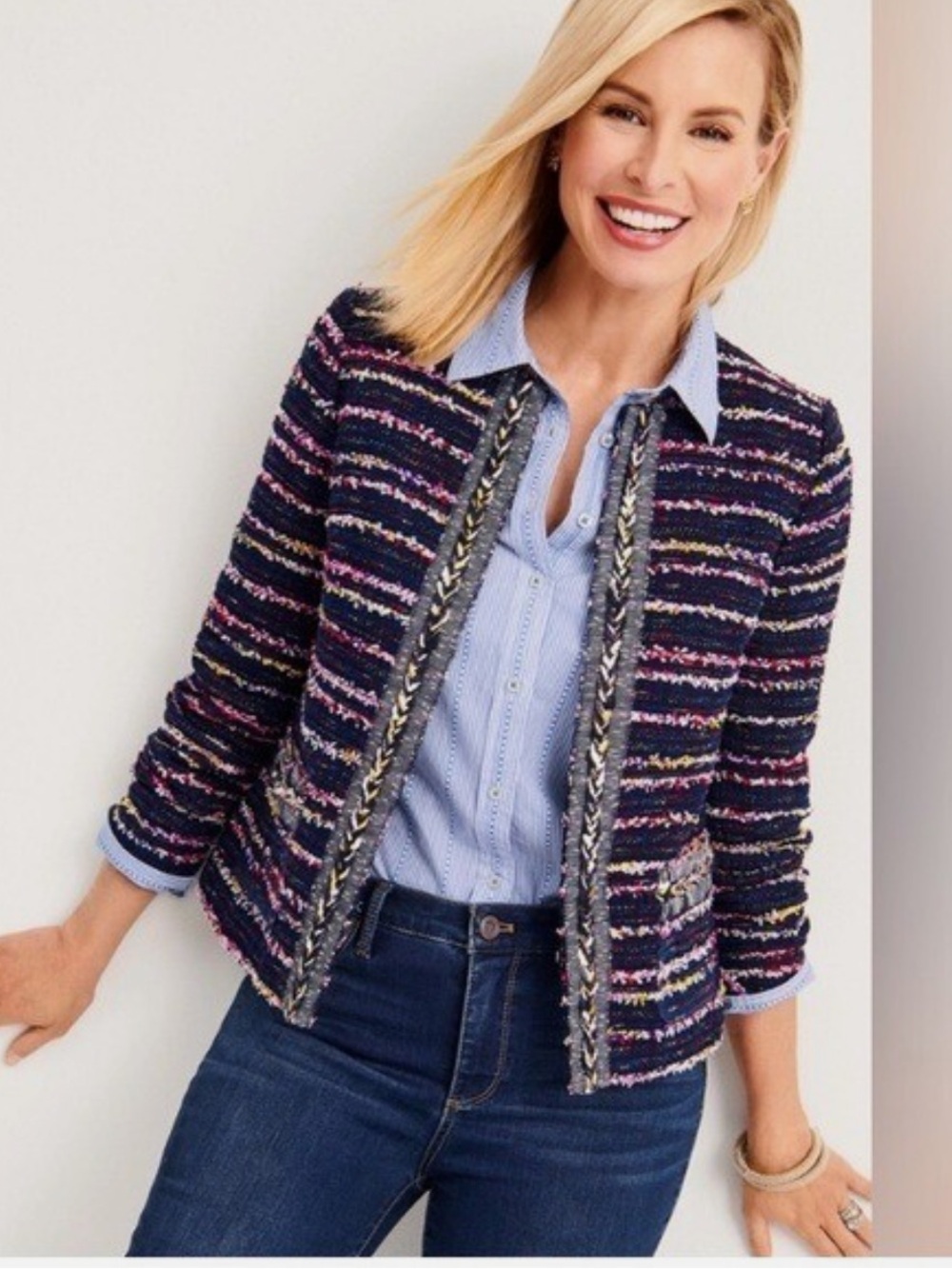 Talbots Fringe Tweed Jacket 12P Navy Multicolor Braided Trim Blazer